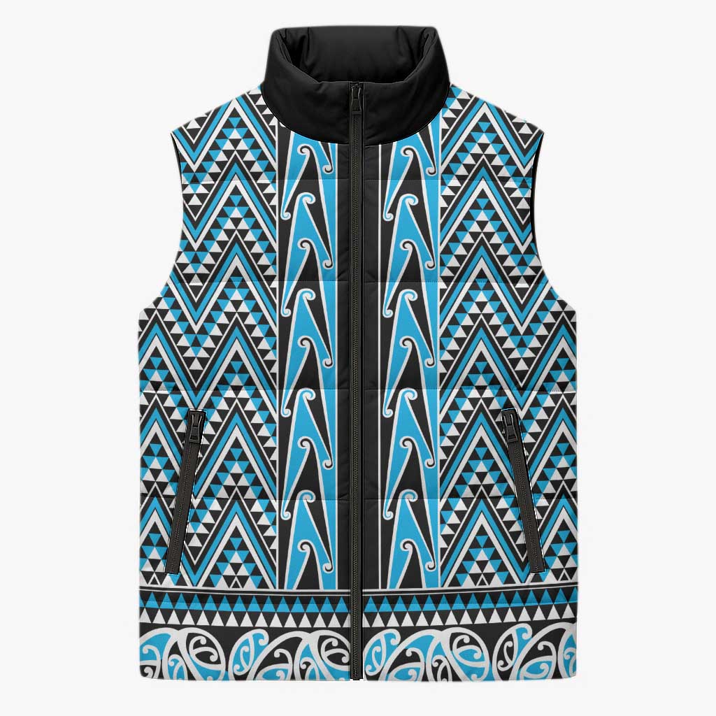 New Zealand Maori Niho Taniwha Sleeveless Puffer Jacket Kikorangi Mangopare and Puhoro Pattern - Aussie Hoodie