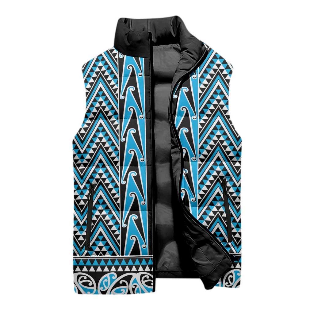 New Zealand Maori Niho Taniwha Sleeveless Puffer Jacket Kikorangi Mangopare and Puhoro Pattern - Aussie Hoodie