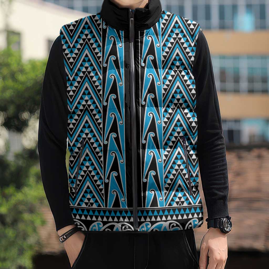 New Zealand Maori Niho Taniwha Sleeveless Puffer Jacket Kikorangi Mangopare and Puhoro Pattern - Aussie Hoodie
