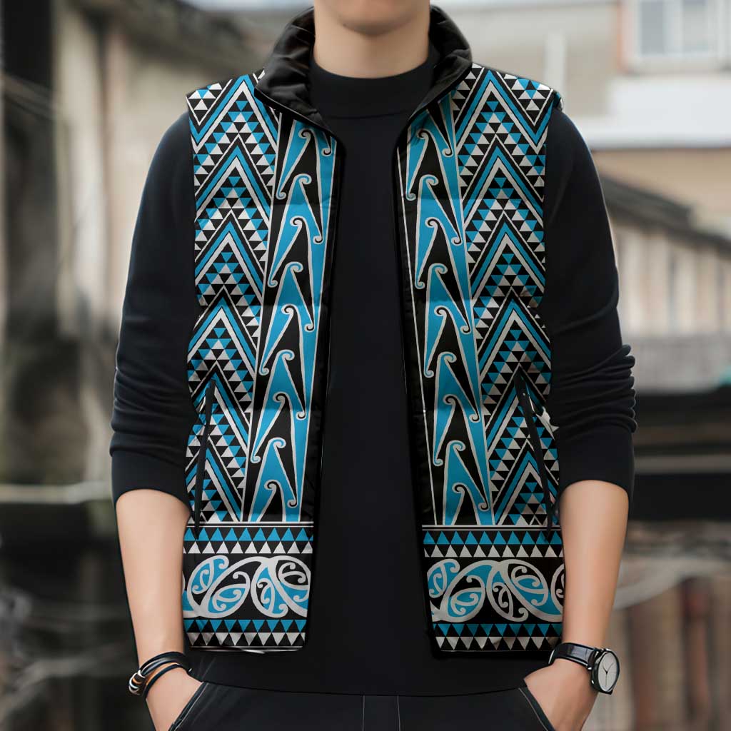 New Zealand Maori Niho Taniwha Sleeveless Puffer Jacket Kikorangi Mangopare and Puhoro Pattern - Aussie Hoodie