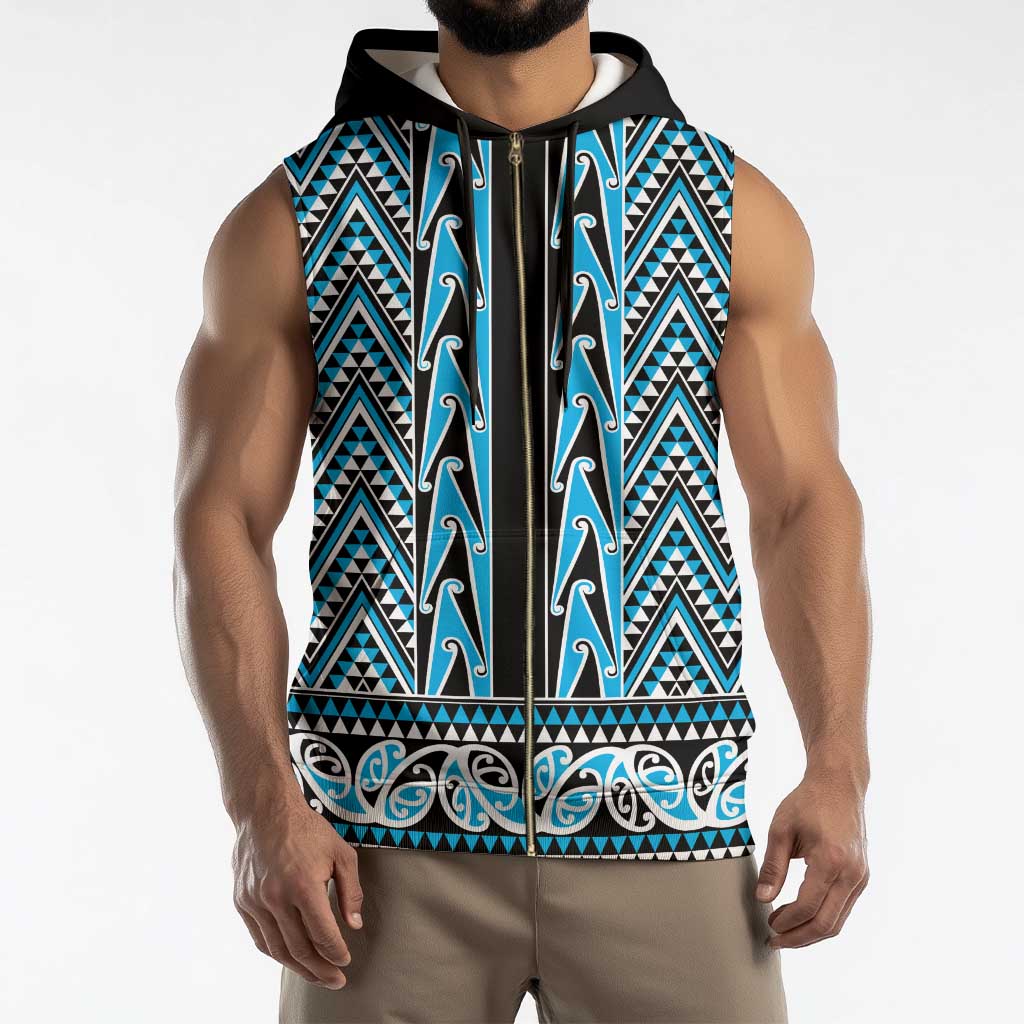 New Zealand Maori Niho Taniwha Sleeveless Zip Hoodie Kikorangi Mangopare and Puhoro Pattern - Aussie Hoodie