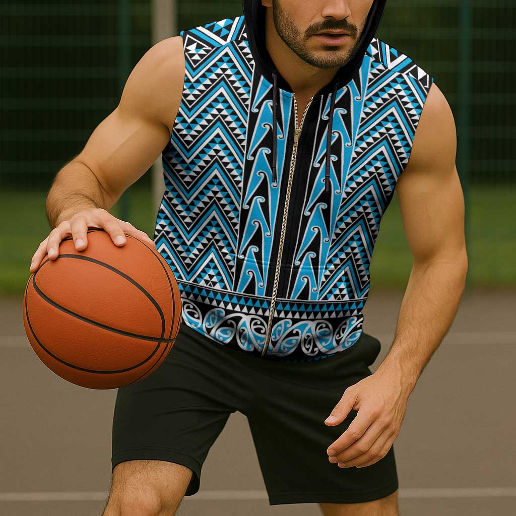 New Zealand Maori Niho Taniwha Sleeveless Zip Hoodie Kikorangi Mangopare and Puhoro Pattern - Aussie Hoodie