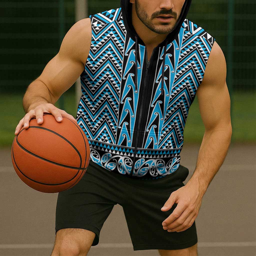 New Zealand Maori Niho Taniwha Sleeveless Zip Hoodie Kikorangi Mangopare and Puhoro Pattern LT9