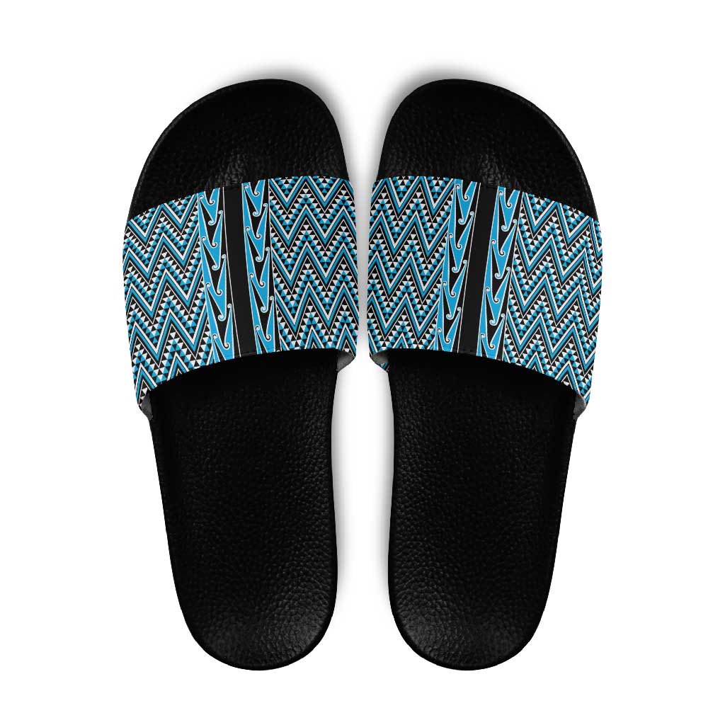 New Zealand Maori Niho Taniwha Slide Sandals Kikorangi Mangopare and Puhoro Pattern - Aussie Hoodie