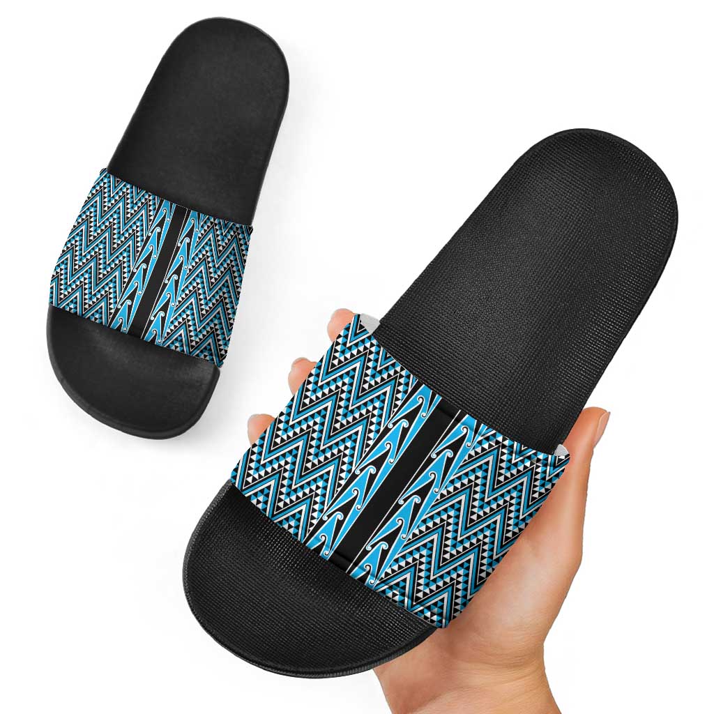 New Zealand Maori Niho Taniwha Slide Sandals Kikorangi Mangopare and Puhoro Pattern - Aussie Hoodie