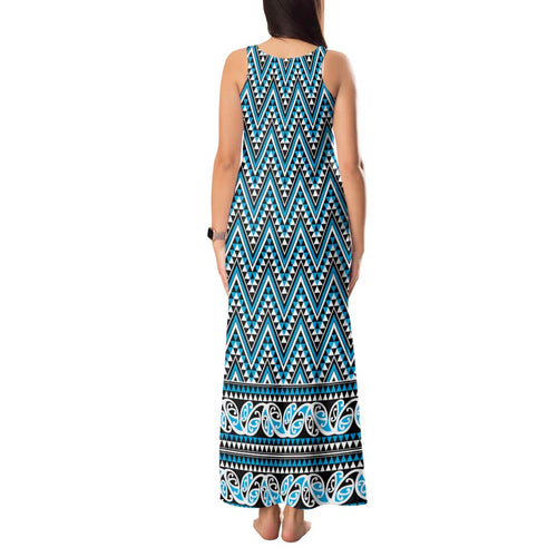New Zealand Maori Niho Taniwha Tank Maxi Dress Kikorangi Mangopare and Puhoro Pattern