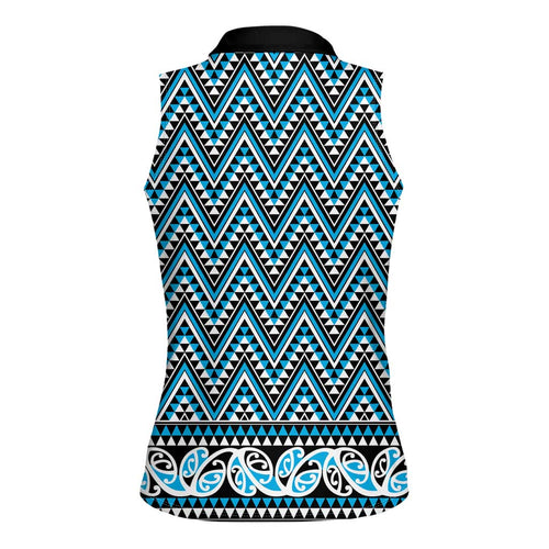 New Zealand Maori Niho Taniwha Women Sleeveless Polo Shirt Kikorangi Mangopare and Puhoro Pattern