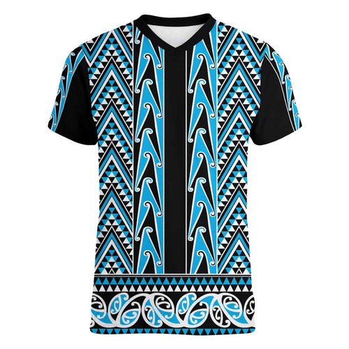 New Zealand Maori Niho Taniwha Women V-Neck T-Shirt Kikorangi Mangopare and Puhoro Pattern