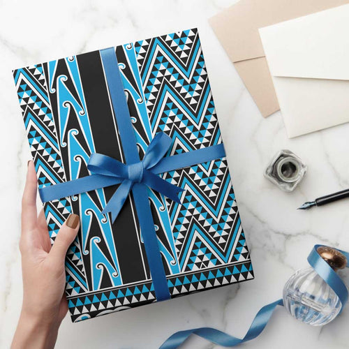 New Zealand Maori Niho Taniwha Wrapping Paper Kikorangi Mangopare and Puhoro Pattern - Aussie Hoodie