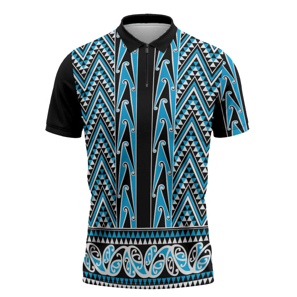 New Zealand Maori Niho Taniwha Zipper Polo Shirt Kikorangi Mangopare and Puhoro Pattern - Aussie Hoodie