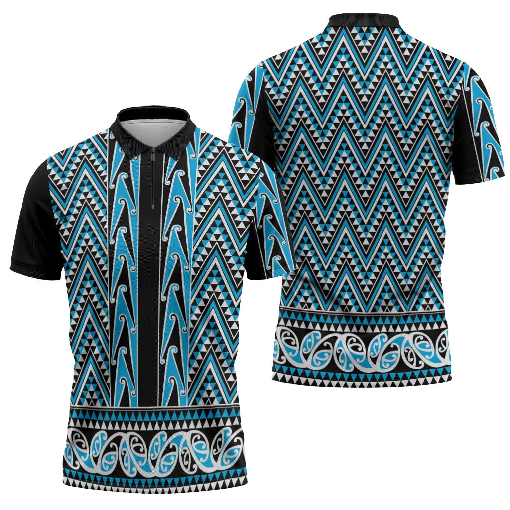 New Zealand Maori Niho Taniwha Zipper Polo Shirt Kikorangi Mangopare and Puhoro Pattern - Aussie Hoodie
