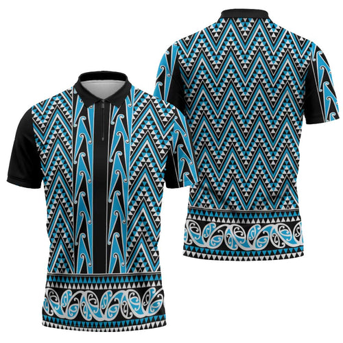 New Zealand Maori Niho Taniwha Zipper Polo Shirt Kikorangi Mangopare and Puhoro Pattern - Aussie Hoodie