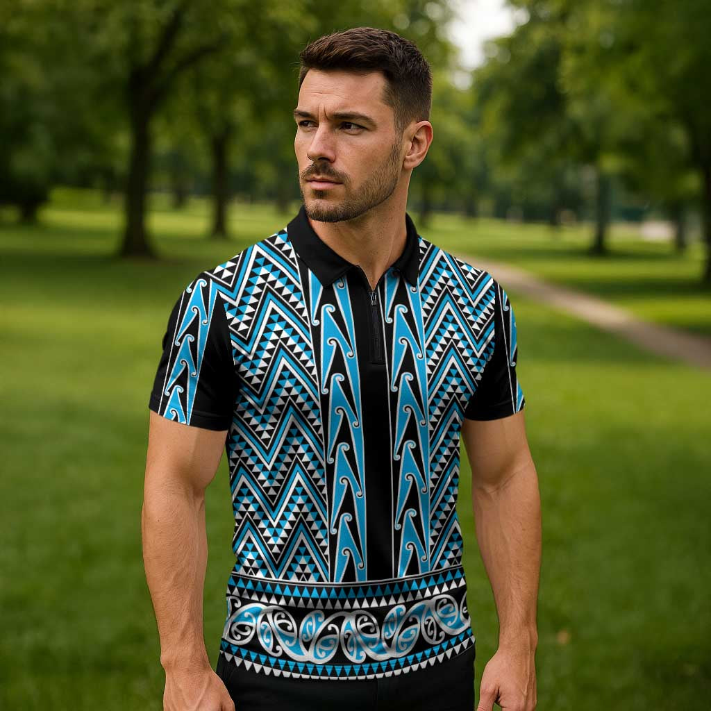 New Zealand Maori Niho Taniwha Zipper Polo Shirt Kikorangi Mangopare and Puhoro Pattern - Aussie Hoodie