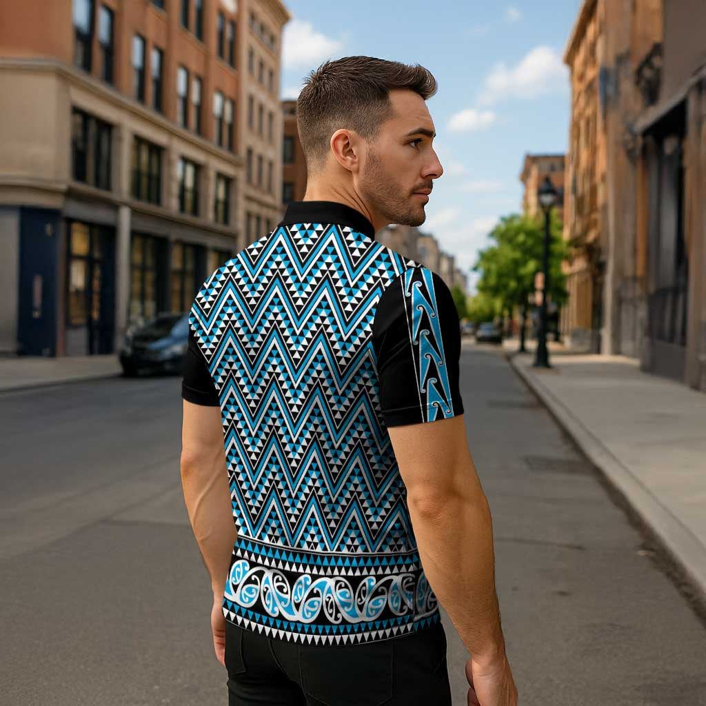 New Zealand Maori Niho Taniwha Zipper Polo Shirt Kikorangi Mangopare and Puhoro Pattern - Aussie Hoodie