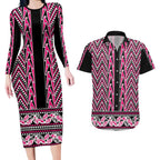 New Zealand Maori Niho Taniwha Couples Matching Long Sleeve Bodycon Dress and Hawaiian Shirt Mawhero Mangopare and Puhoro Pattern