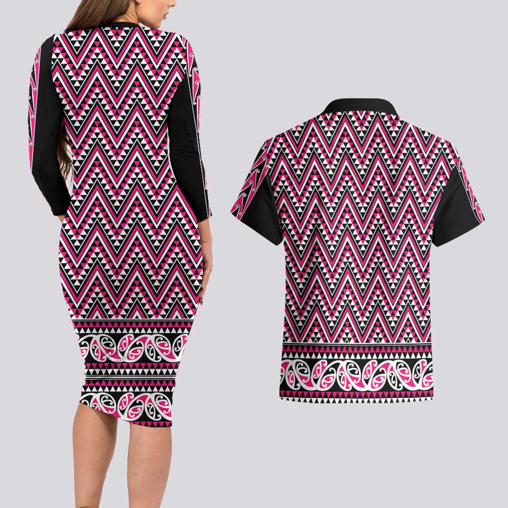 New Zealand Maori Niho Taniwha Couples Matching Long Sleeve Bodycon Dress and Hawaiian Shirt Mawhero Mangopare and Puhoro Pattern