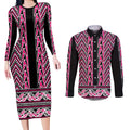 New Zealand Maori Niho Taniwha Couples Matching Long Sleeve Bodycon Dress and Long Sleeve Button Shirt Mawhero Mangopare and Puhoro Pattern