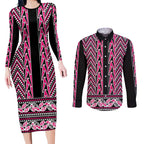 New Zealand Maori Niho Taniwha Couples Matching Long Sleeve Bodycon Dress and Long Sleeve Button Shirt Mawhero Mangopare and Puhoro Pattern