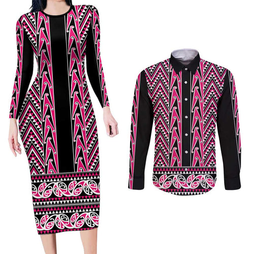 New Zealand Maori Niho Taniwha Couples Matching Long Sleeve Bodycon Dress and Long Sleeve Button Shirt Mawhero Mangopare and Puhoro Pattern