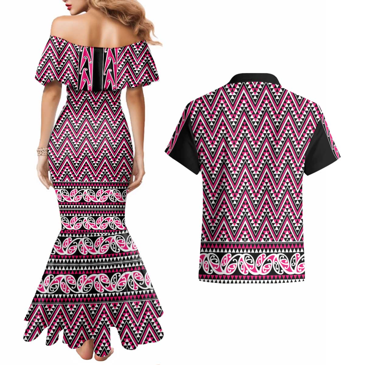 New Zealand Maori Niho Taniwha Couples Matching Mermaid Dress and Hawaiian Shirt Mawhero Mangopare and Puhoro Pattern