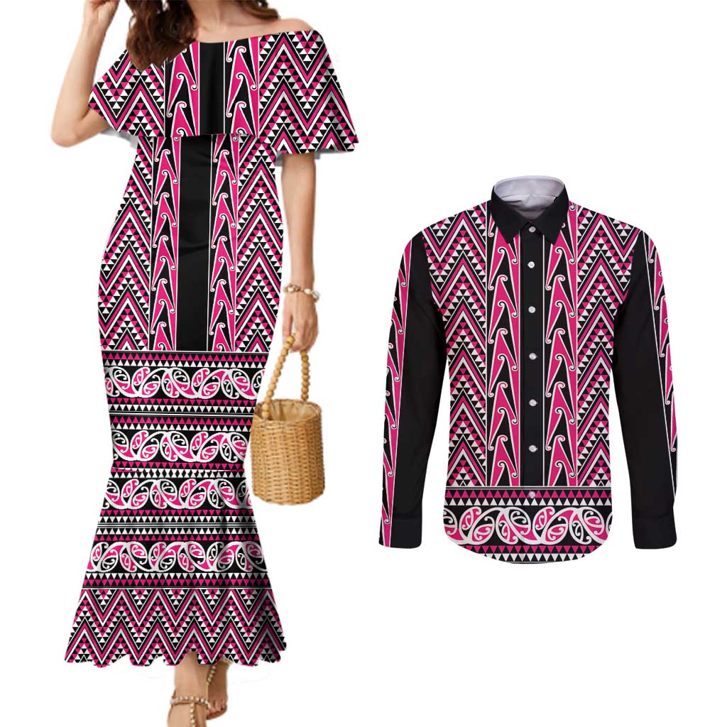 New Zealand Maori Niho Taniwha Couples Matching Mermaid Dress and Long Sleeve Button Shirt Mawhero Mangopare and Puhoro Pattern