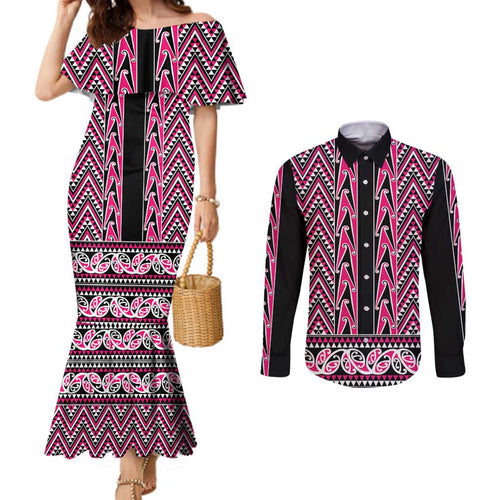 New Zealand Maori Niho Taniwha Couples Matching Mermaid Dress and Long Sleeve Button Shirt Mawhero Mangopare and Puhoro Pattern