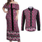 New Zealand Maori Niho Taniwha Couples Matching Off Shoulder Maxi Dress and Long Sleeve Button Shirt Mawhero Mangopare and Puhoro Pattern