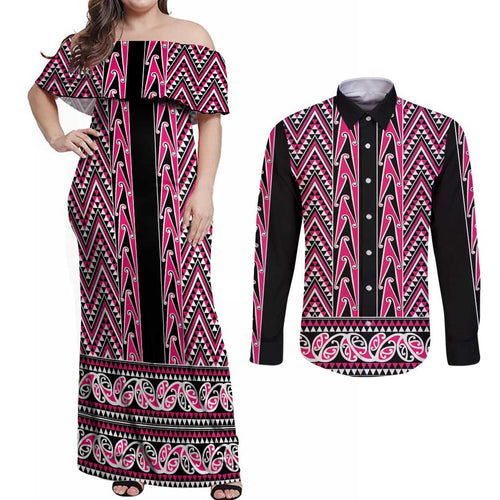 New Zealand Maori Niho Taniwha Couples Matching Off Shoulder Maxi Dress and Long Sleeve Button Shirt Mawhero Mangopare and Puhoro Pattern