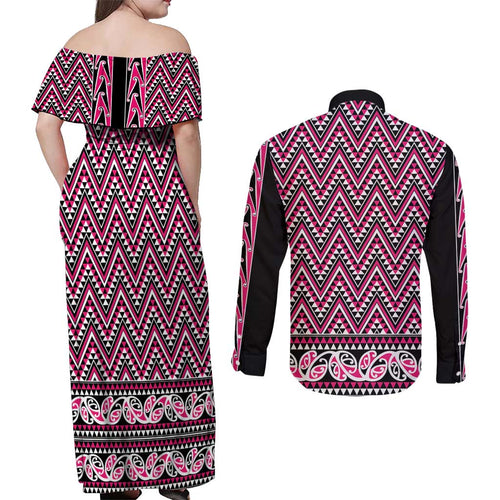 New Zealand Maori Niho Taniwha Couples Matching Off Shoulder Maxi Dress and Long Sleeve Button Shirt Mawhero Mangopare and Puhoro Pattern