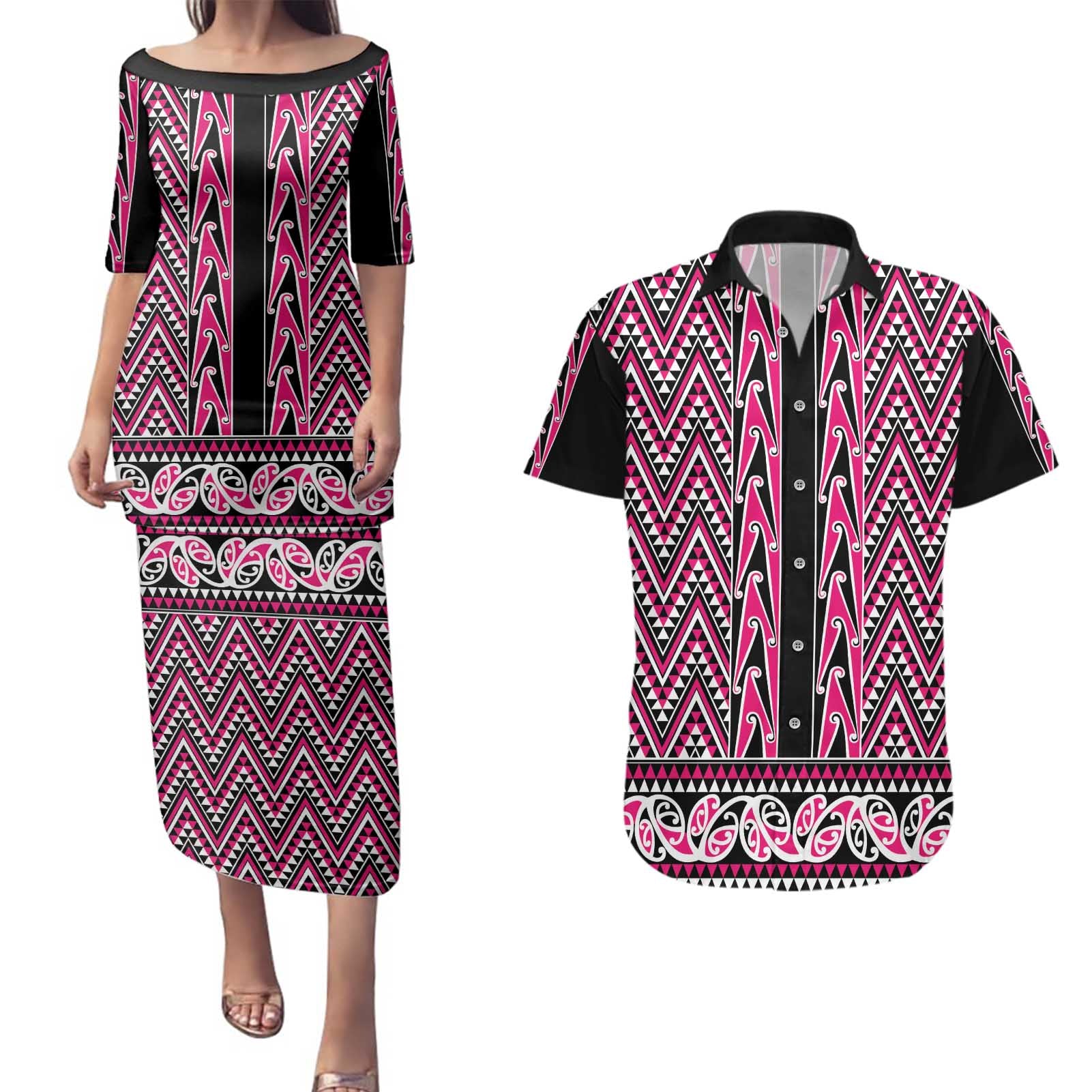New Zealand Maori Niho Taniwha Couples Matching Puletasi and Hawaiian Shirt Mawhero Mangopare and Puhoro Pattern