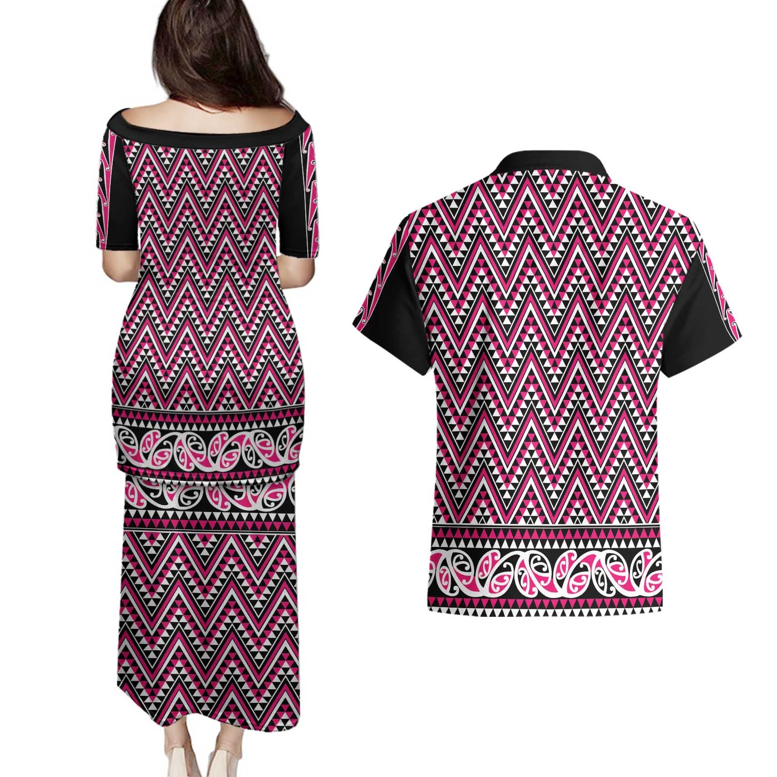 New Zealand Maori Niho Taniwha Couples Matching Puletasi and Hawaiian Shirt Mawhero Mangopare and Puhoro Pattern