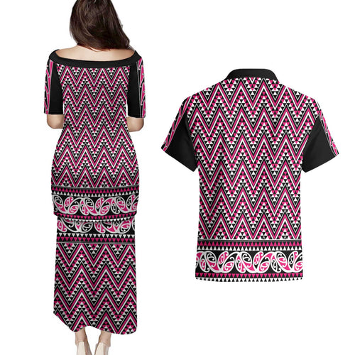 New Zealand Maori Niho Taniwha Couples Matching Puletasi and Hawaiian Shirt Mawhero Mangopare and Puhoro Pattern