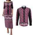 New Zealand Maori Niho Taniwha Couples Matching Puletasi and Long Sleeve Button Shirt Mawhero Mangopare and Puhoro Pattern