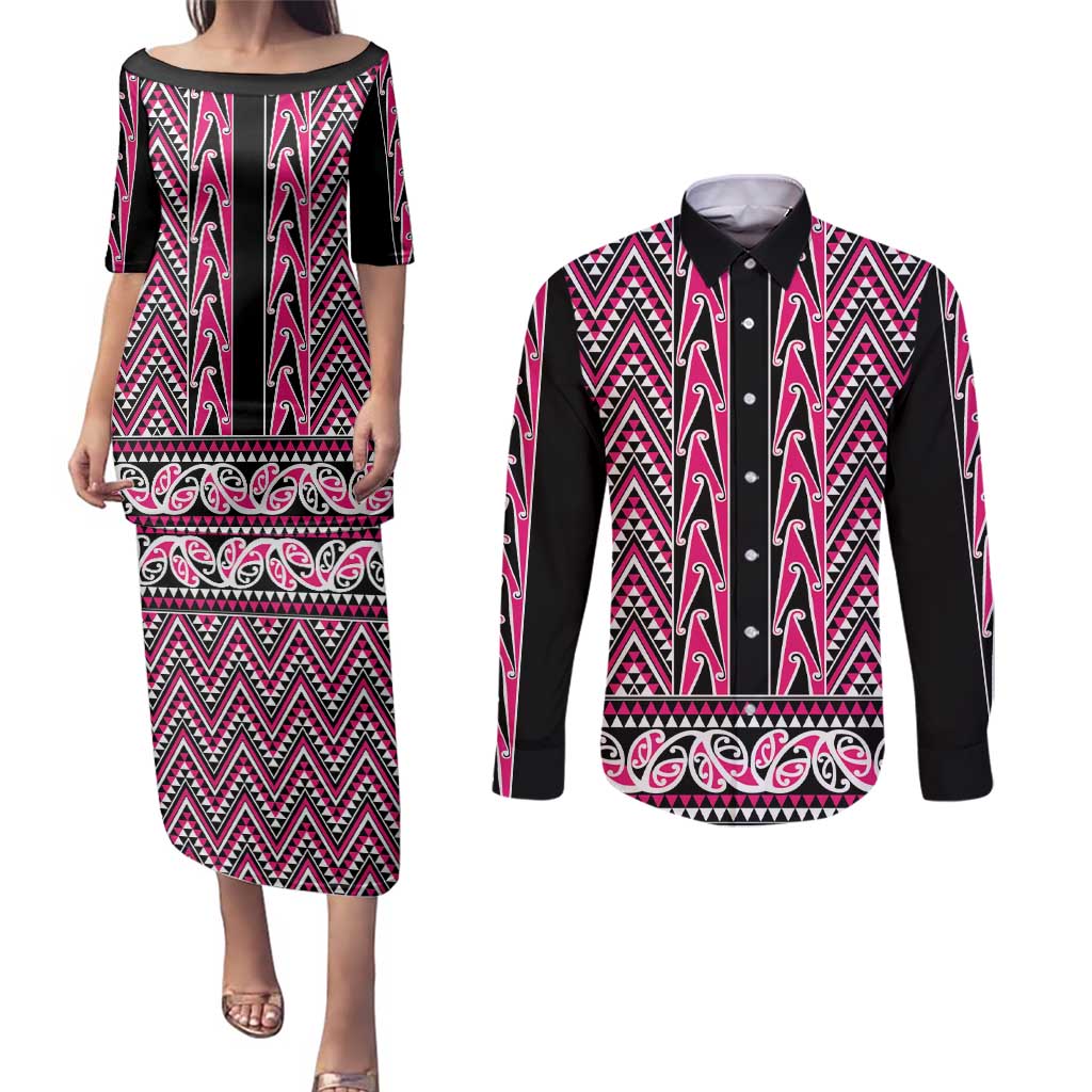 New Zealand Maori Niho Taniwha Couples Matching Puletasi and Long Sleeve Button Shirt Mawhero Mangopare and Puhoro Pattern