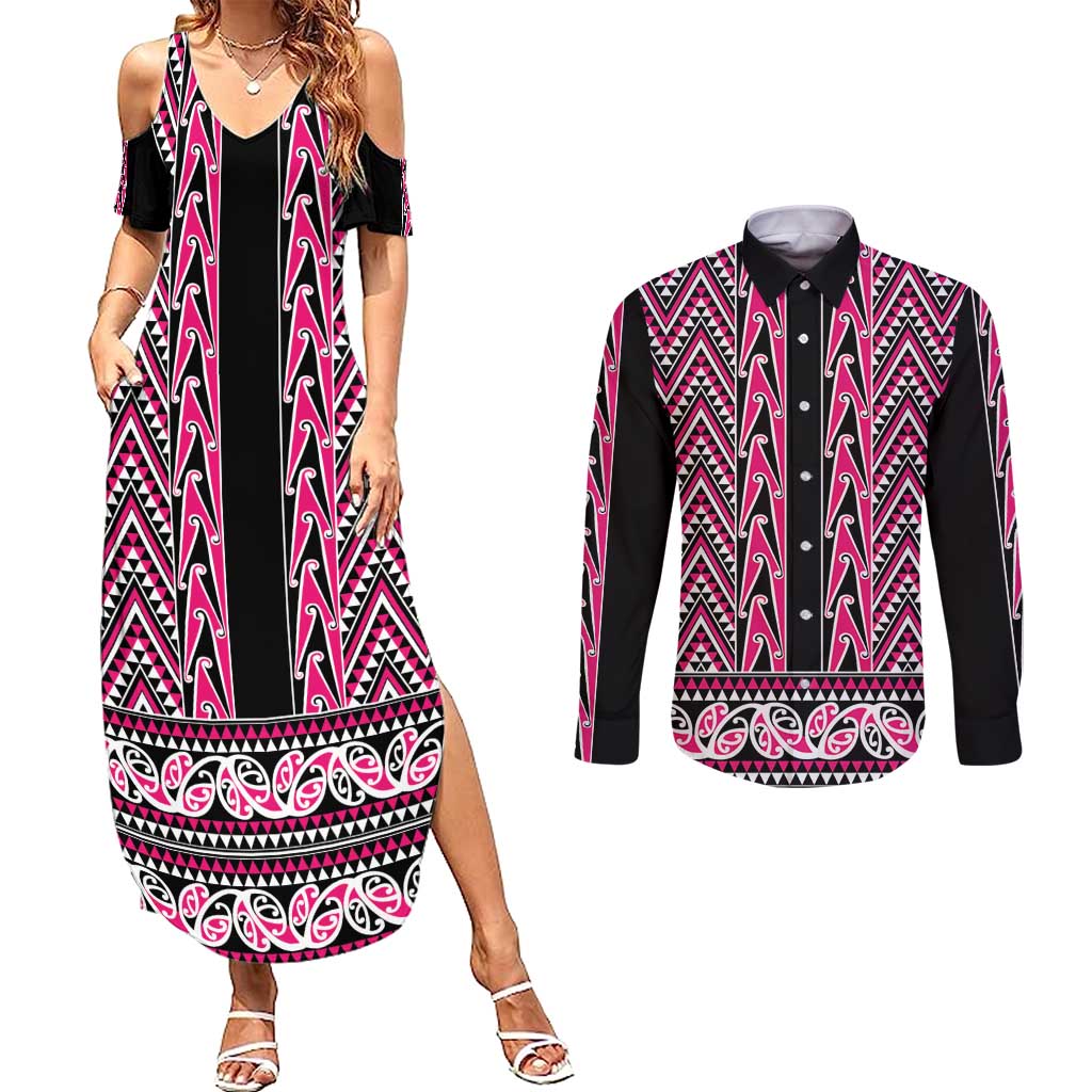 New Zealand Maori Niho Taniwha Couples Matching Summer Maxi Dress and Long Sleeve Button Shirt Mawhero Mangopare and Puhoro Pattern