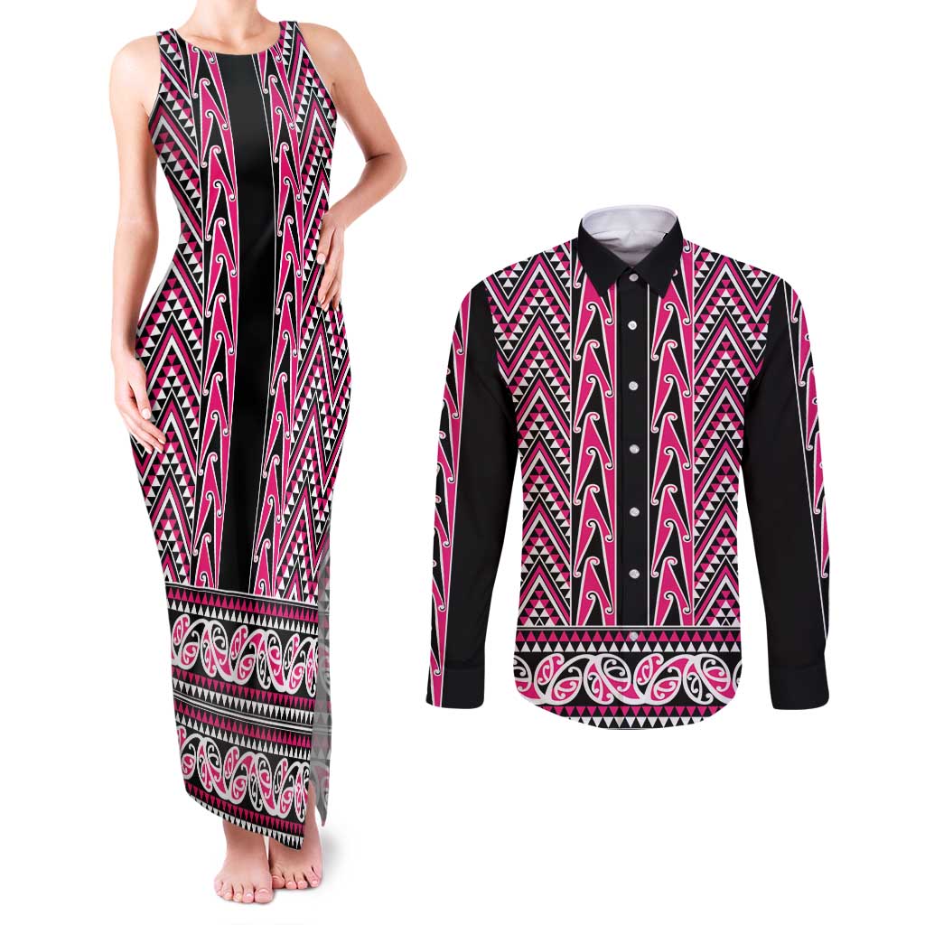 New Zealand Maori Niho Taniwha Couples Matching Tank Maxi Dress and Long Sleeve Button Shirt Mawhero Mangopare and Puhoro Pattern