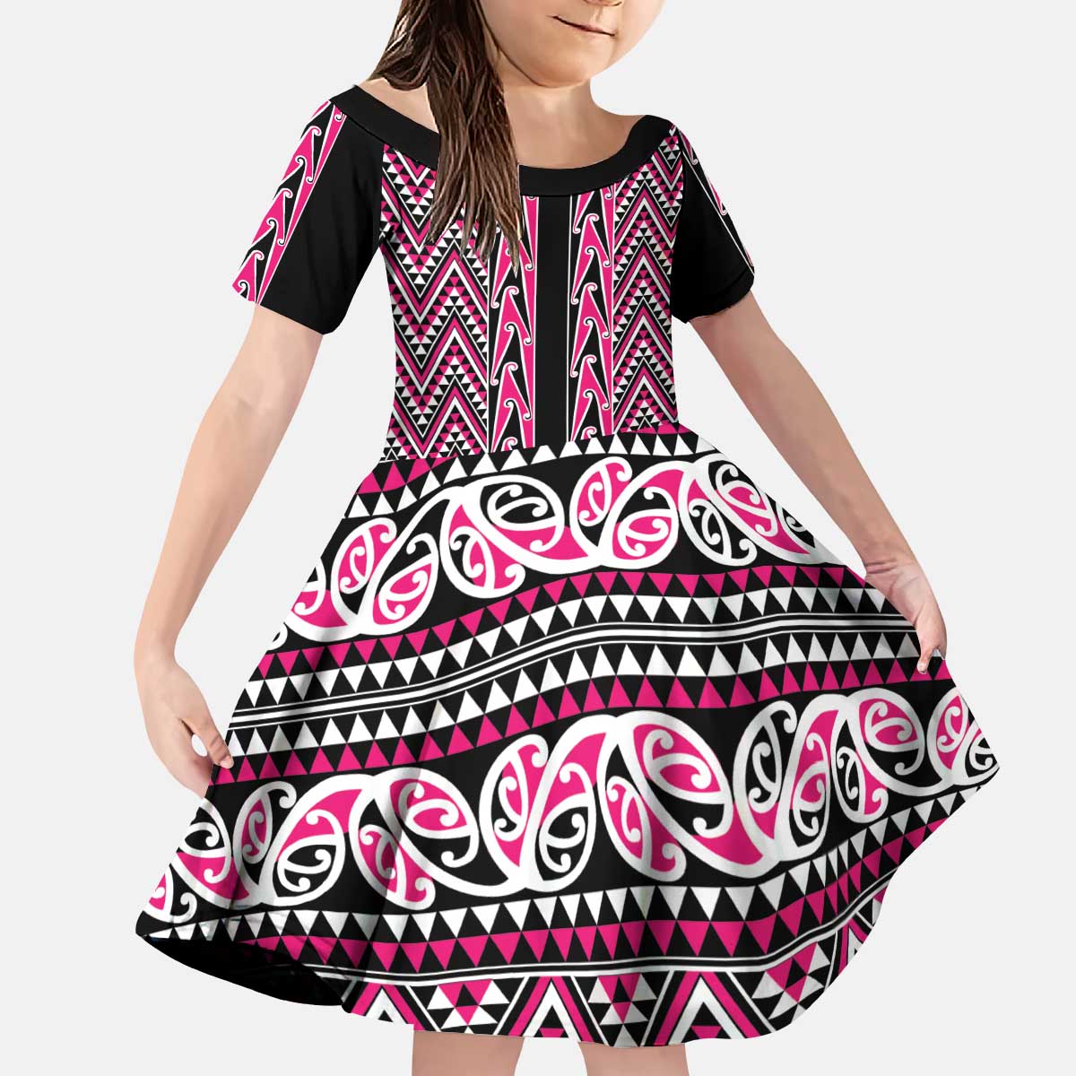 New Zealand Maori Niho Taniwha Kid Short Sleeve Dress Mawhero Mangopare and Puhoro Pattern