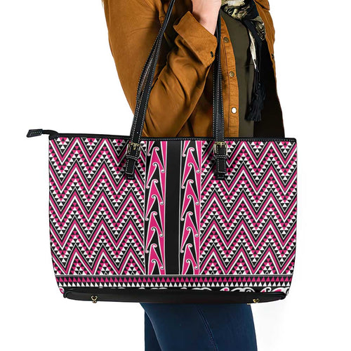 New Zealand Maori Niho Taniwha Leather Tote Bag Mawhero Mangopare and Puhoro Pattern