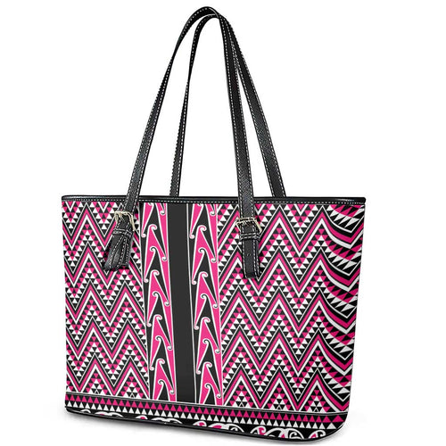 New Zealand Maori Niho Taniwha Leather Tote Bag Mawhero Mangopare and Puhoro Pattern
