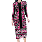 New Zealand Maori Niho Taniwha Long Sleeve Bodycon Dress Mawhero Mangopare and Puhoro Pattern