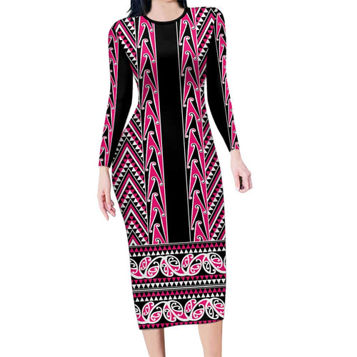New Zealand Maori Niho Taniwha Long Sleeve Bodycon Dress Mawhero Mangopare and Puhoro Pattern