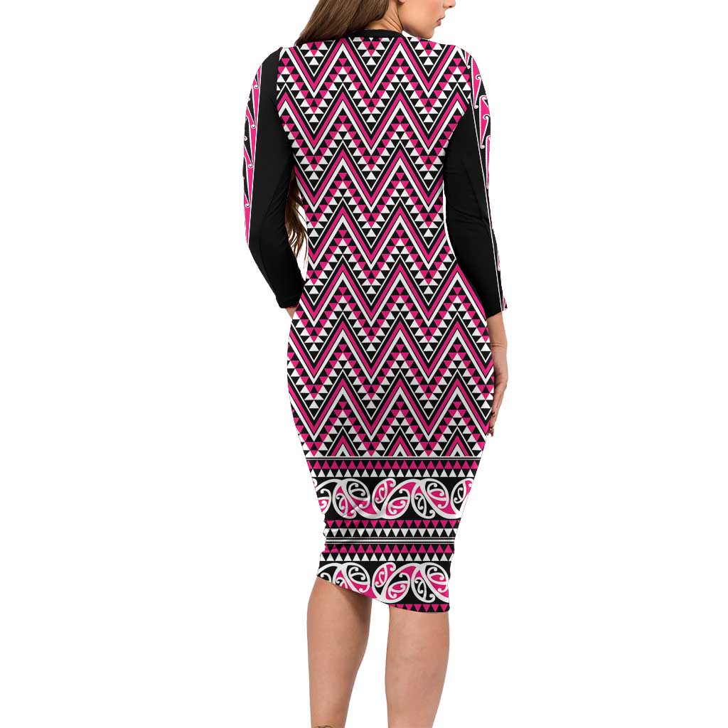 New Zealand Maori Niho Taniwha Long Sleeve Bodycon Dress Mawhero Mangopare and Puhoro Pattern