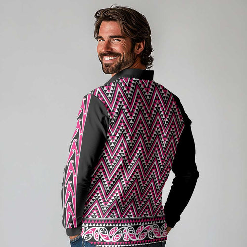 New Zealand Maori Niho Taniwha Long Sleeve Polo Shirt Mawhero Mangopare and Puhoro Pattern