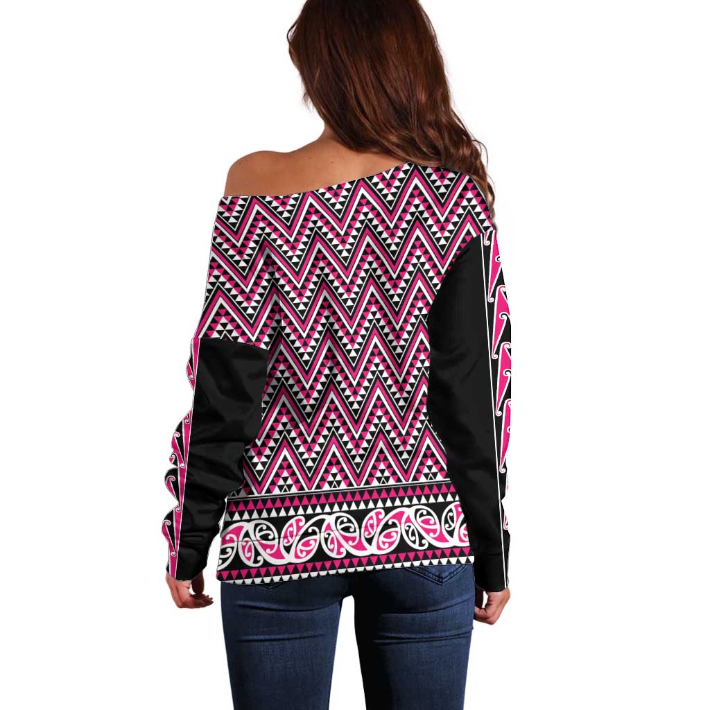 New Zealand Maori Niho Taniwha Off Shoulder Sweater Mawhero Mangopare and Puhoro Pattern