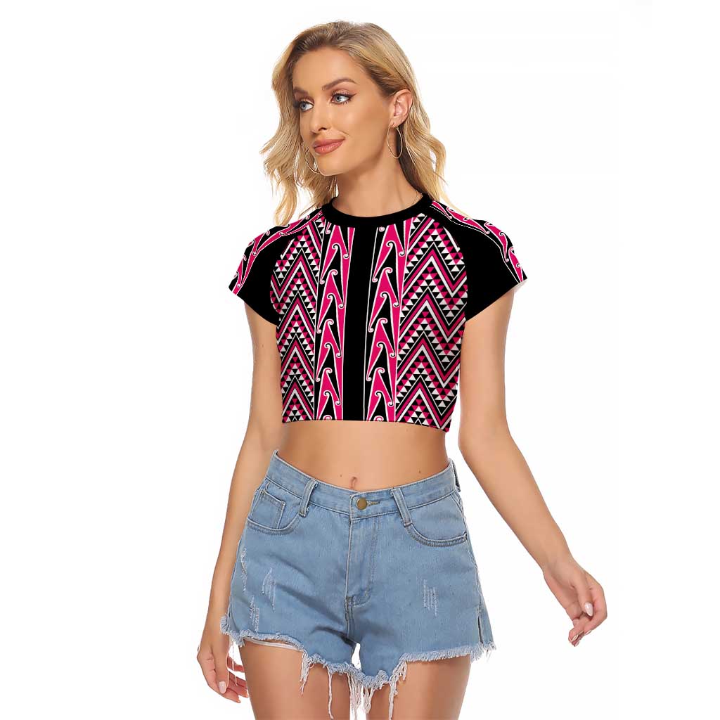New Zealand Maori Niho Taniwha Raglan Cropped T Shirt Mawhero Mangopare and Puhoro Pattern