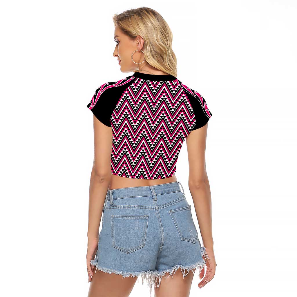 New Zealand Maori Niho Taniwha Raglan Cropped T Shirt Mawhero Mangopare and Puhoro Pattern