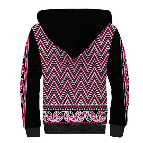 New Zealand Maori Niho Taniwha Sherpa Hoodie Mawhero Mangopare and Puhoro Pattern