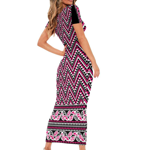 New Zealand Maori Niho Taniwha Short Sleeve Bodycon Dress Mawhero Mangopare and Puhoro Pattern