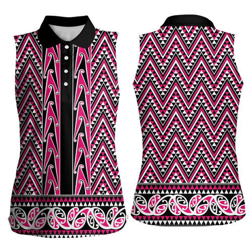 New Zealand Maori Niho Taniwha Women Sleeveless Polo Shirt Mawhero Mangopare and Puhoro Pattern