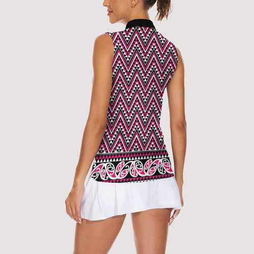 New Zealand Maori Niho Taniwha Women Sleeveless Polo Shirt Mawhero Mangopare and Puhoro Pattern